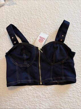 Tissini Navy Denim Zip-Front Crop Top L NEW